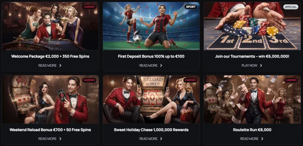 Dashboard promozionale Casinova che mostra vari bonus di benvenuto ed eventi.